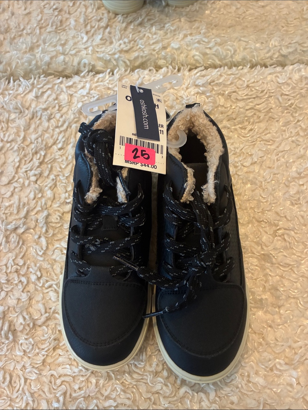 OshKosh B'gosh Black High-Top Kids Sneakers with Cream Sherpa Lining